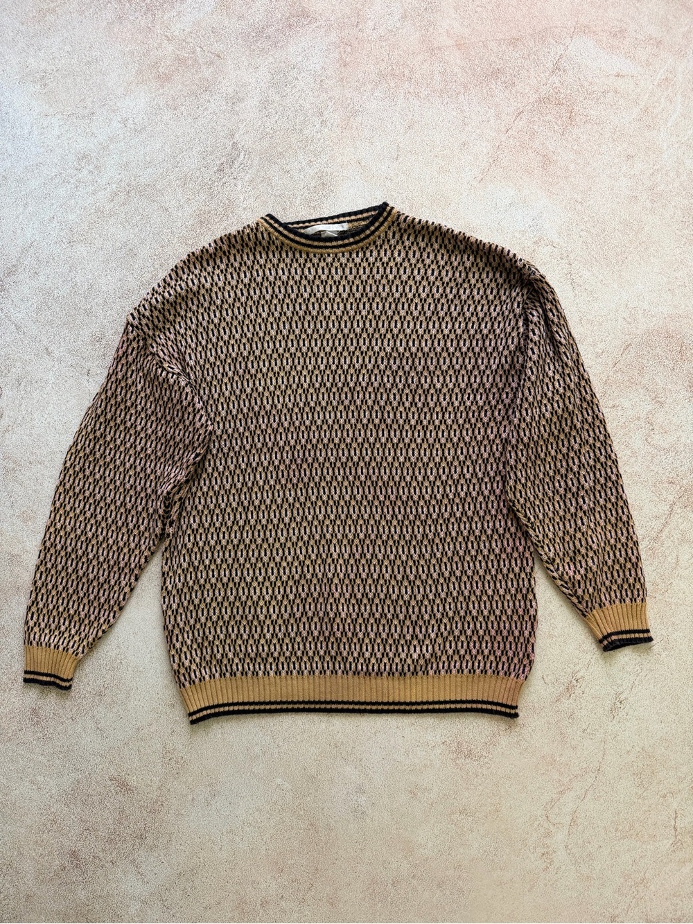 Perry Ellis Yellow, Pink and Black Textured Crewneck Sweater